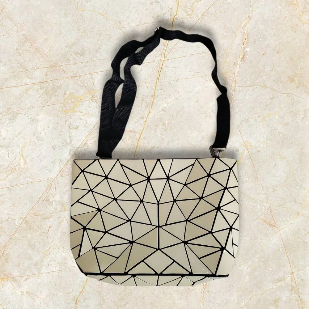 Geometric Folding Triangles Crossbody Bag โ Glossy Beige Triangular Panels - Picture 3 of 8